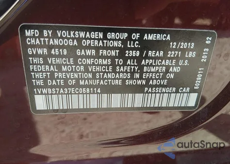 2014 Volkswagen Passat 1.8T Se z USA, uszkodzony, nr VIN 1VWBS7A37EC058114